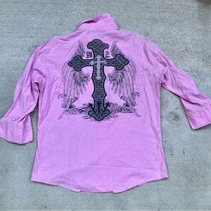 Men's Pink Casual Button-Down Shirt with Black Cross and Wing Graphic Y2K